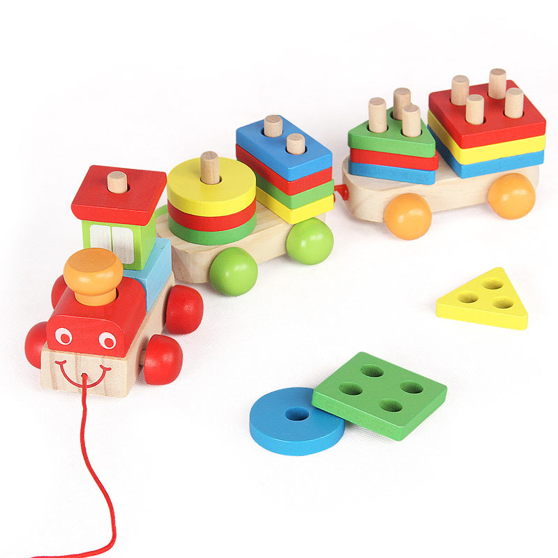 Children's Puzzle Matching Drag Train Wooden Building Blocks Teaching Aids