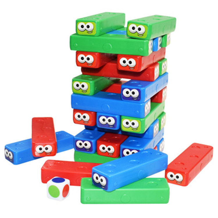 Colorful toy blocks with cartoonish faces on a white background
