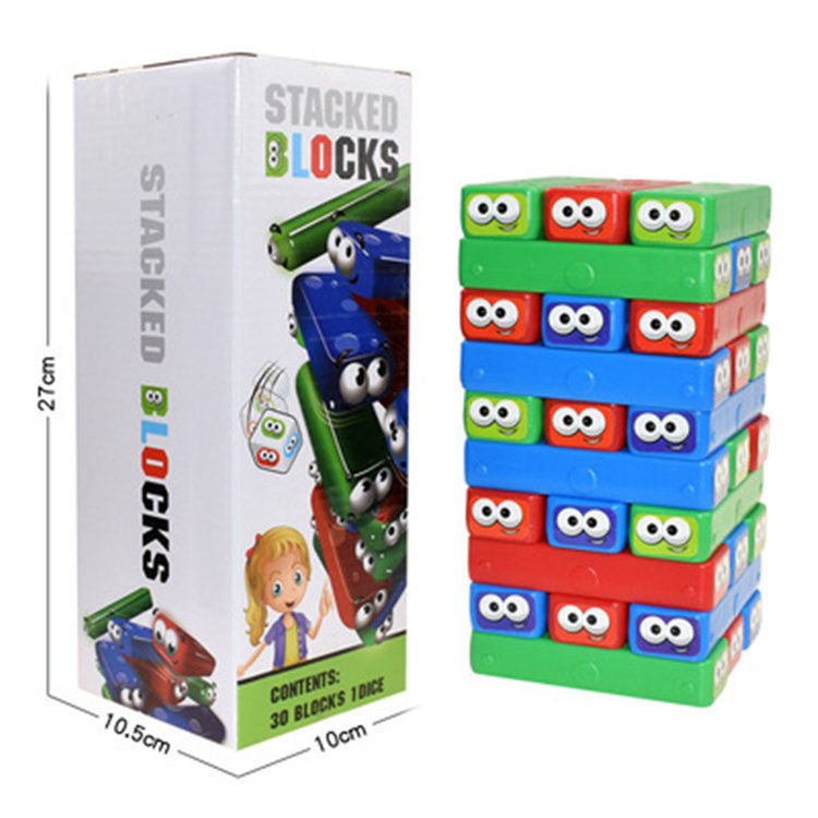 Stacked blocks toy with colorful design and packaging on a white background