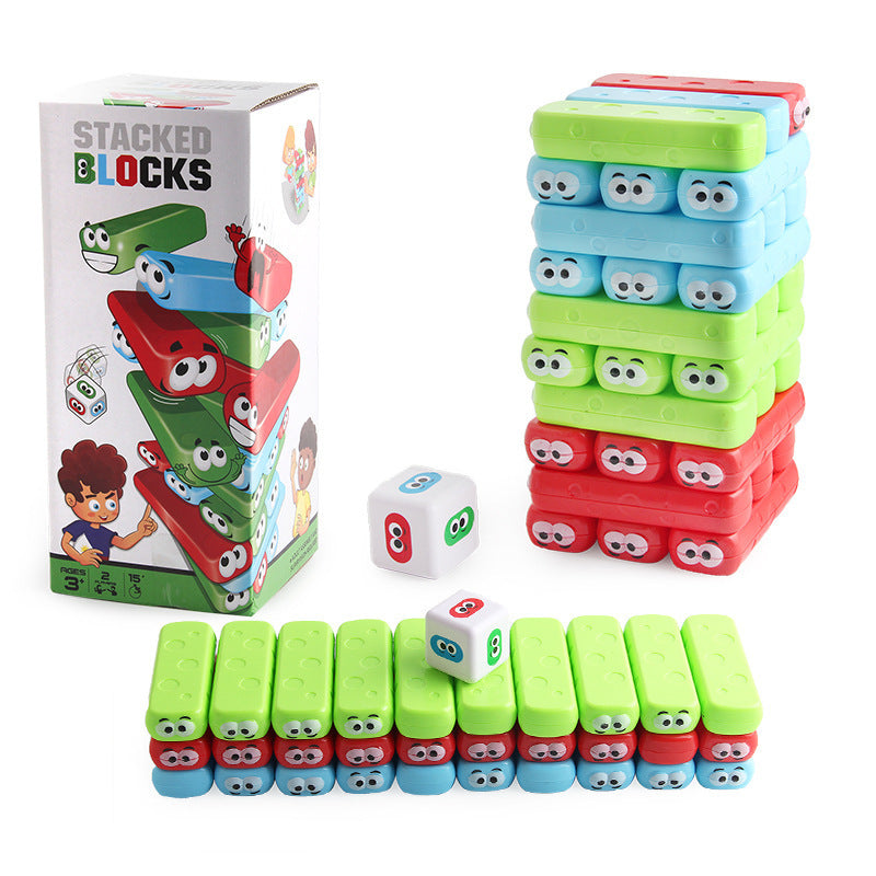 Stacked Blocks toy set with colorful blocks and dice, next to its packaging.