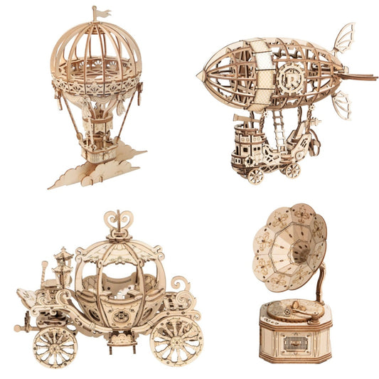 Pumpkin Cart Hot Air Balloon Airship Gramophone Wooden Puzzle