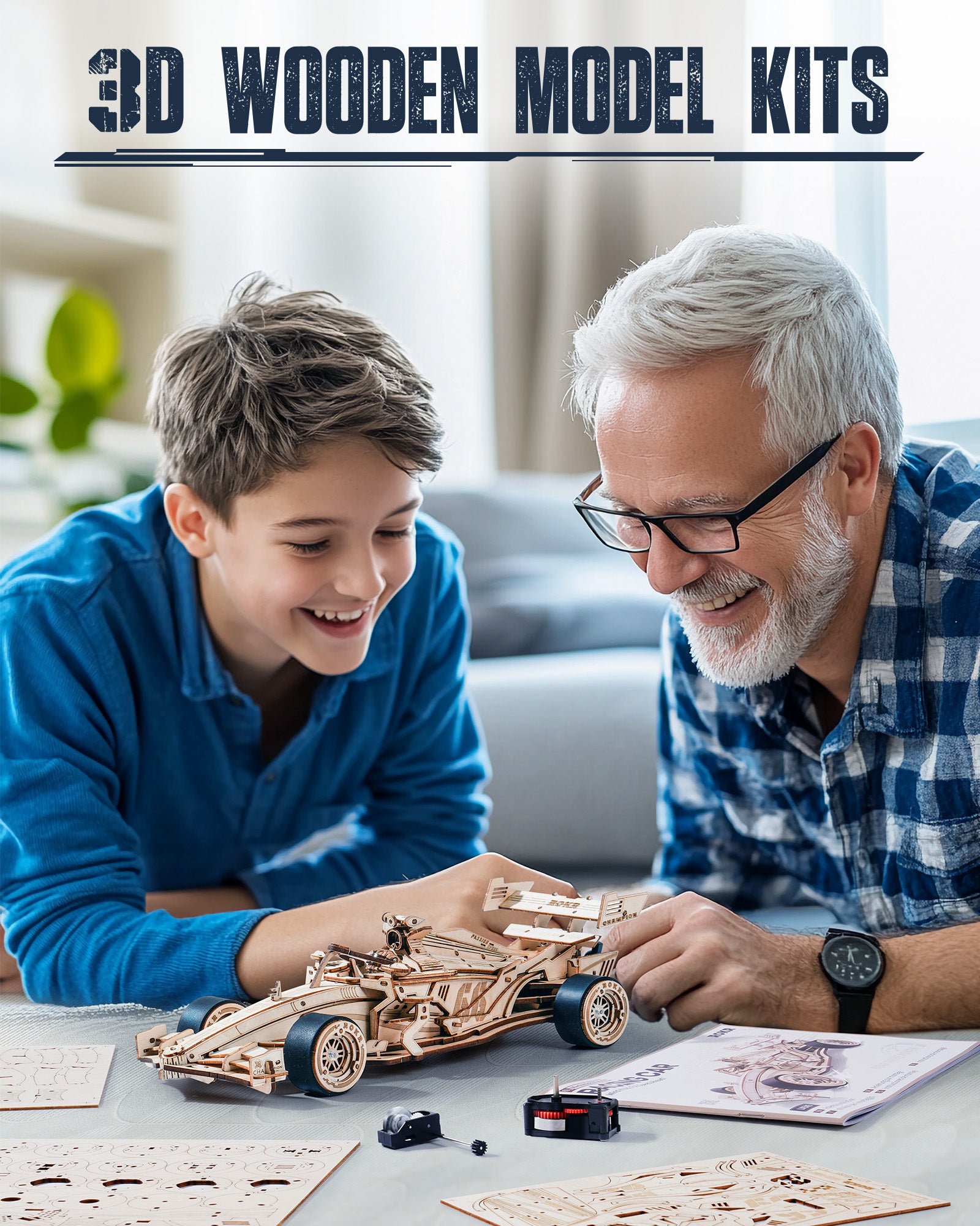 Man and child working on a 3D wooden model kit together.