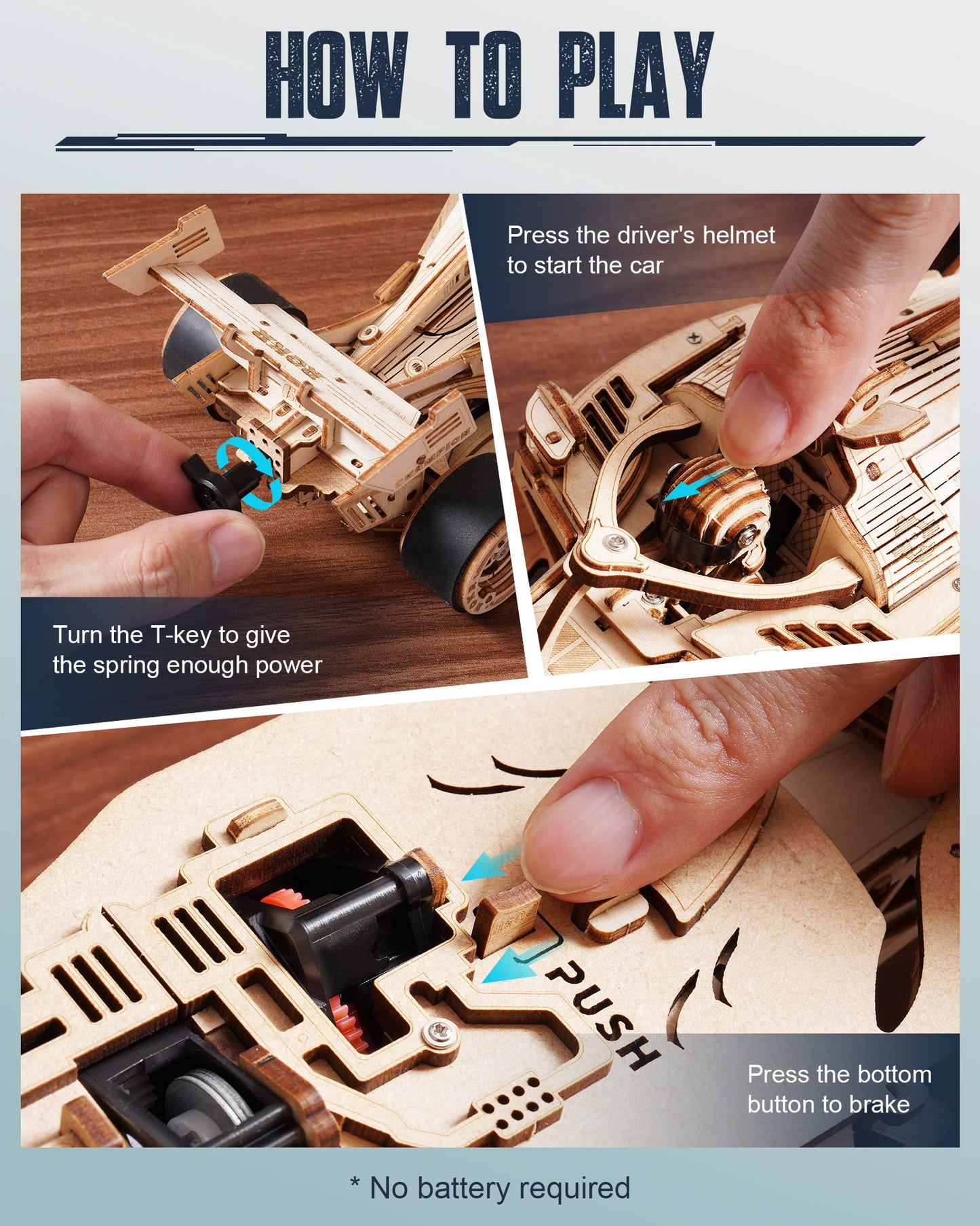 Wooden toy car model with instructions on how to play, including pressing a button and turning a key.