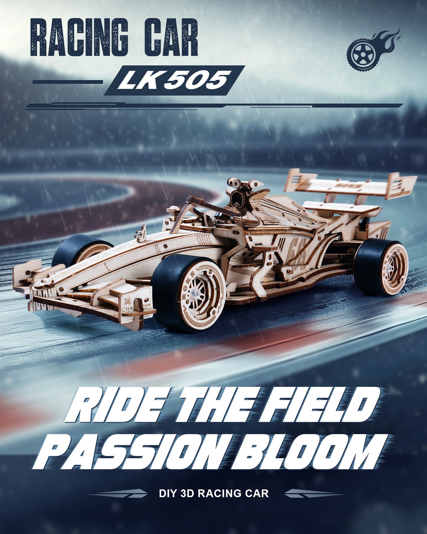 Wooden racing car model with 'Racing Car LK505' text on a racing track background