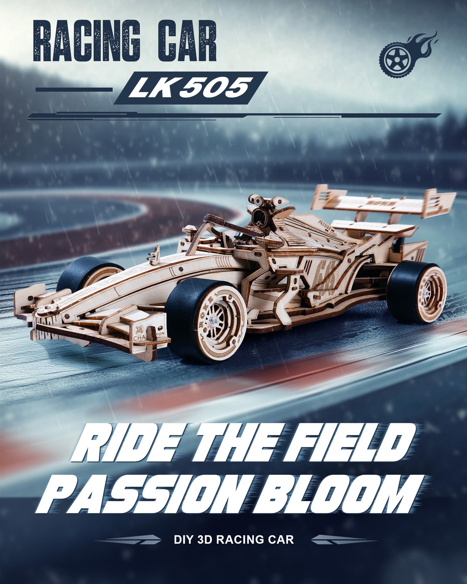 Wooden racing car model with 'Racing Car LK505' text on a racing track background