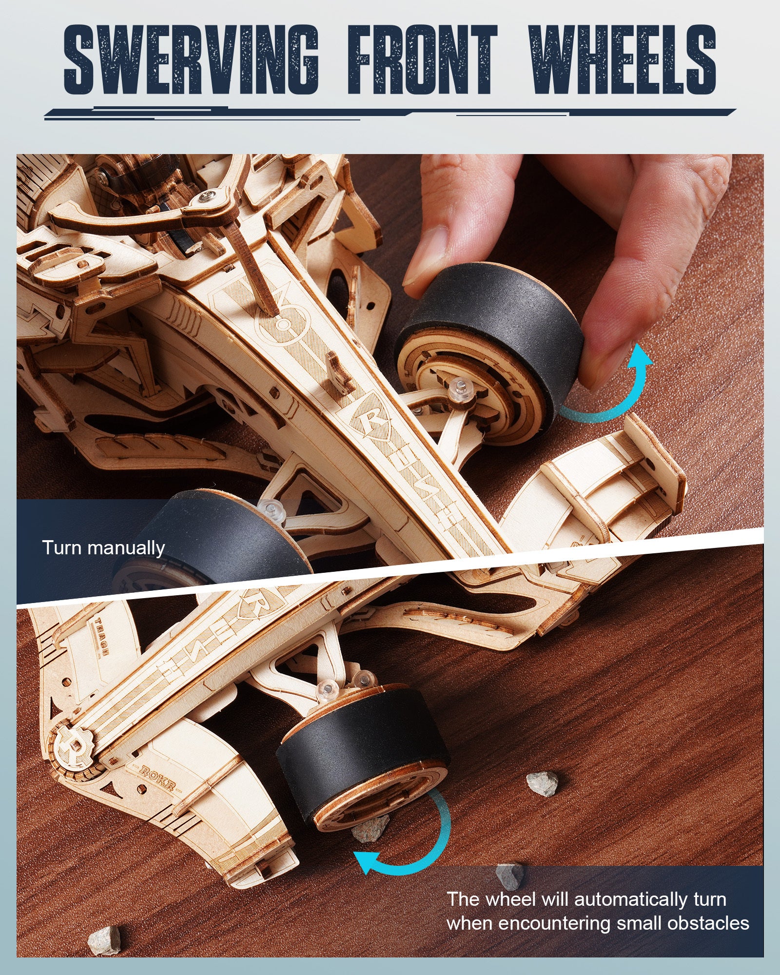 Wooden model car with swerving front wheels on a wooden surface, showing manual and automatic wheel movement.