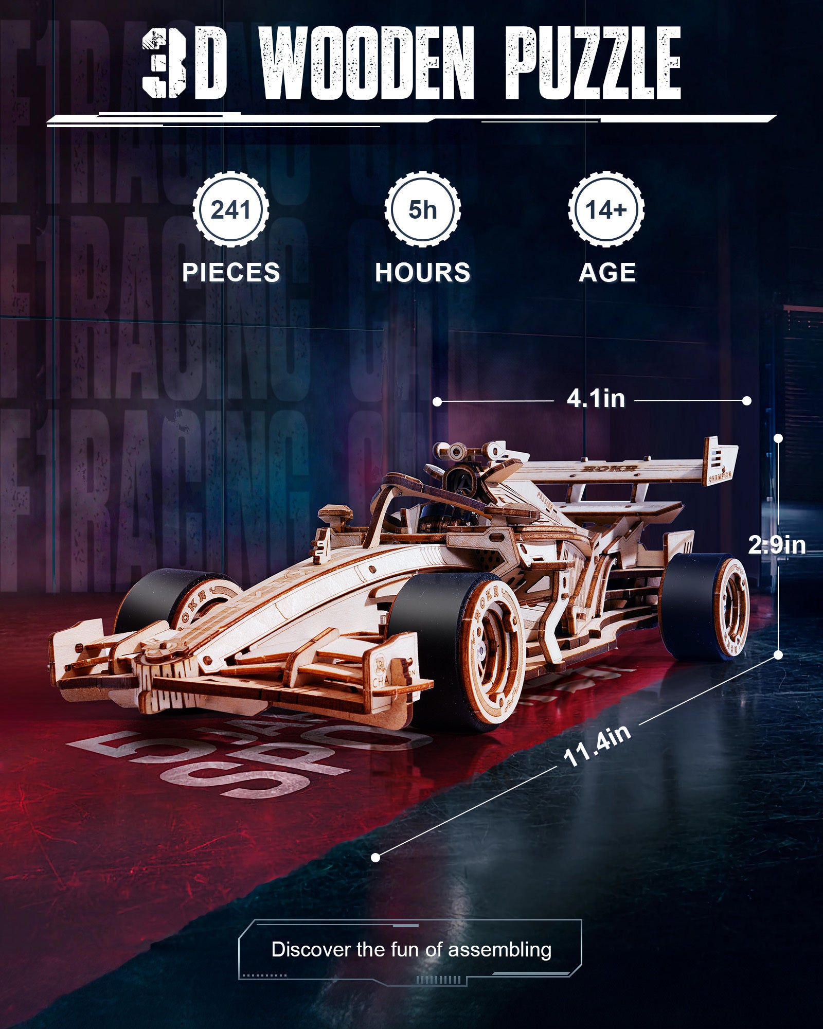 3D wooden puzzle of a racing car with assembly details on a dark background