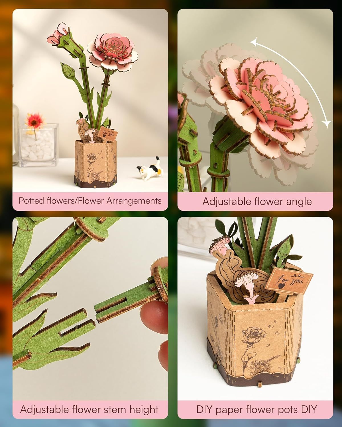 3D Puzzle Flowers Wooden Model Kits For Adults To Build, Artificial Flowers For Decoration, Home Decor Accessories Living Room, Gifts For Women On Valentine's Day & Birthday, TW051