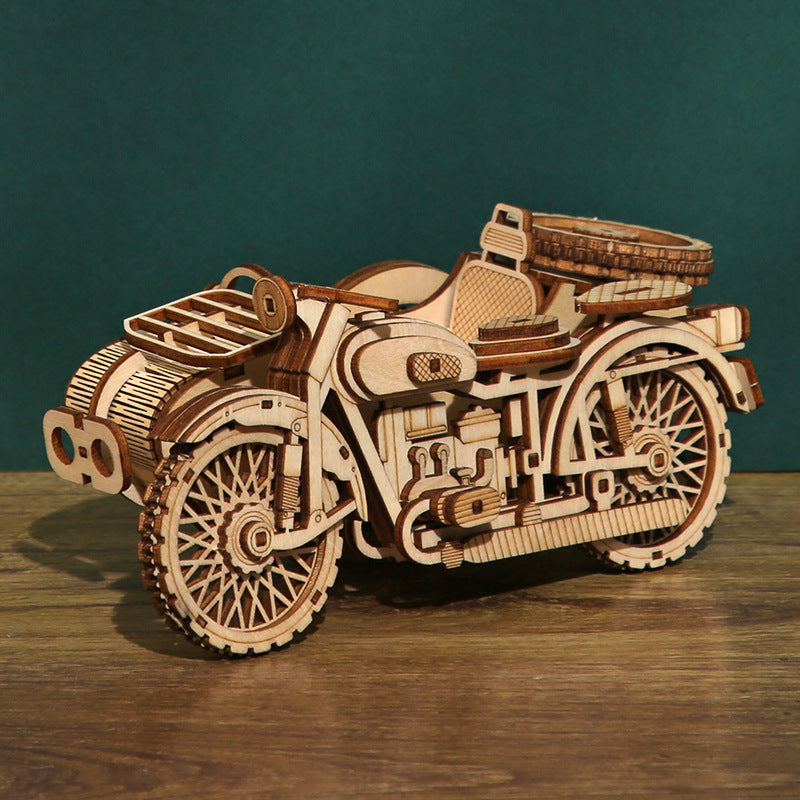 Motorbike wooden puzzle looking from the front. Lots of fun to build 