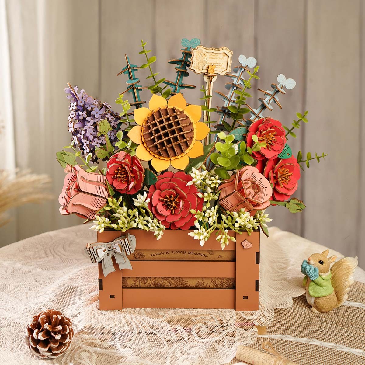 DIY Wooden Flower Bouquet 3D Wooden Puzzle With Wooden Box Kid Xmas Gifts