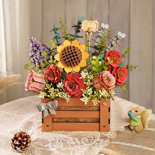 DIY Wooden Flower Bouquet 3D Wooden Puzzle With Wooden Box Kid Xmas Gifts