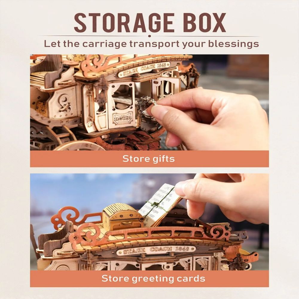 Wooden storage box with mechanical design, held by a hand, on a light background.