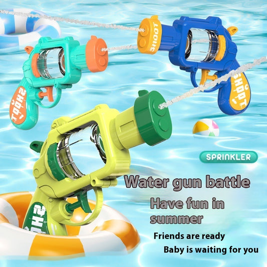 Three colorful water guns on a water background with text encouraging summer fun.
