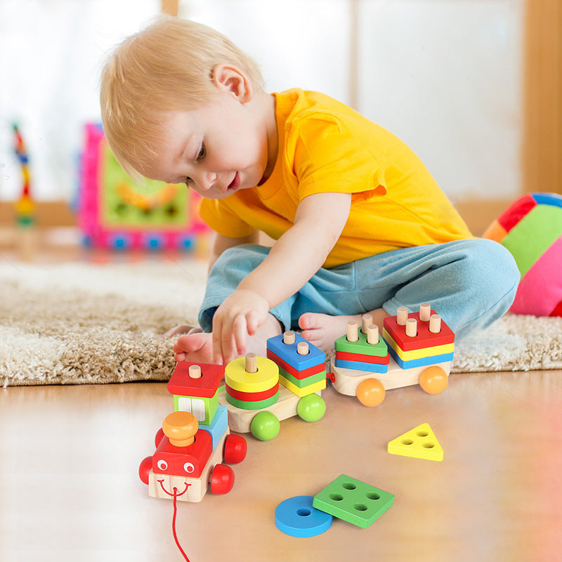 Children's Puzzle Matching Drag Train Wooden Building Blocks Teaching Aids